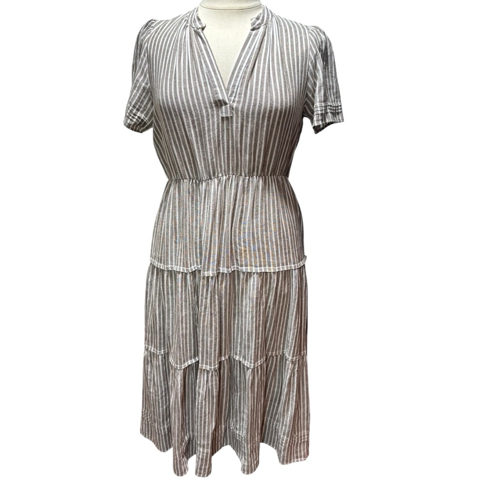 Cynthia Rowley Tan White Striped Tiered Midi Dress Large Split V-Neck #749